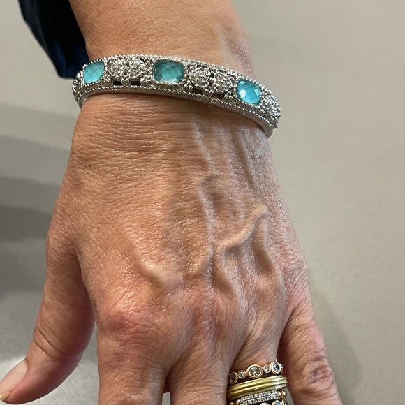Judith Ripka Sterling Silver Blue Turquoise and Diamonique hinged cuff - Picture 3 of 6